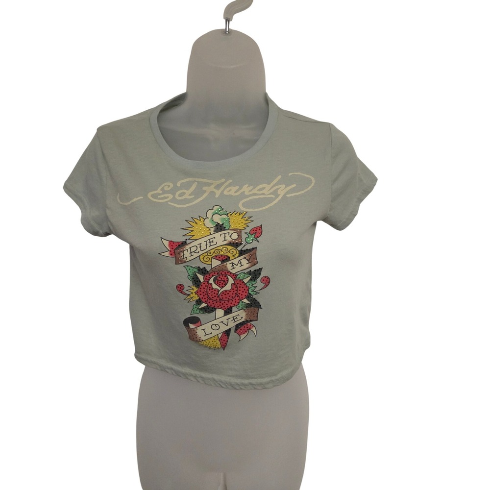 Ed Hardy Womens Sage Green Rhinestone Rose Dagger Crop Top T-Shirt M